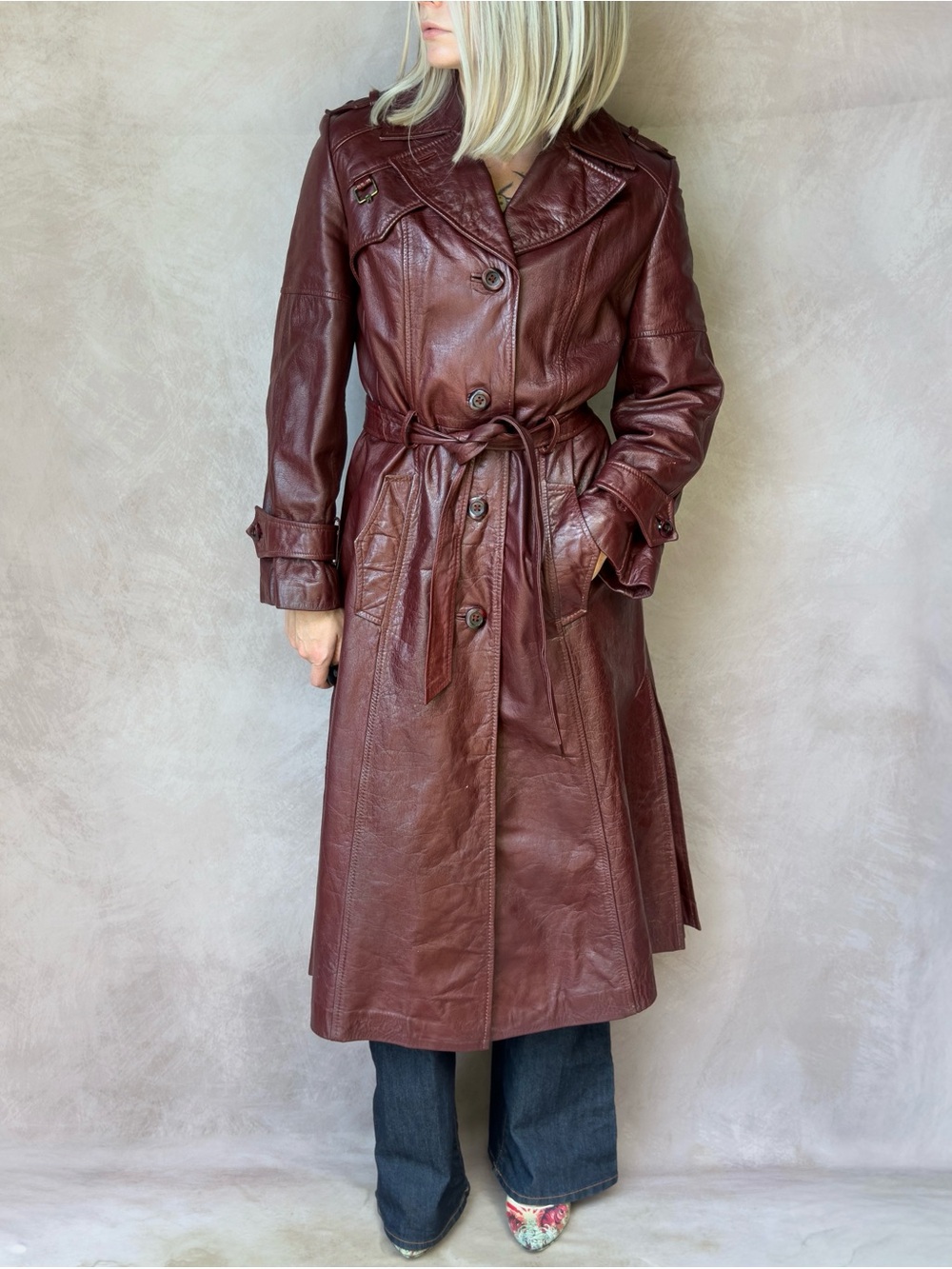 Vintage 70s Etienne Aigner Leather Trench Coat Womens 16 Burgundy Oxblood Belted